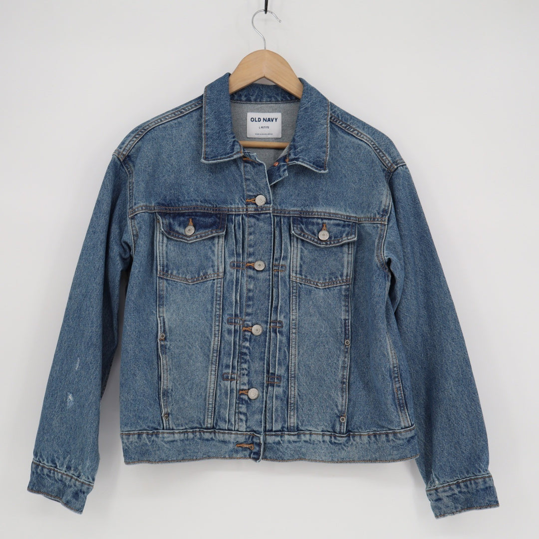 Old Navy Womens Denim Trucker Jacket Medium Wash Blue Cotton L Petite