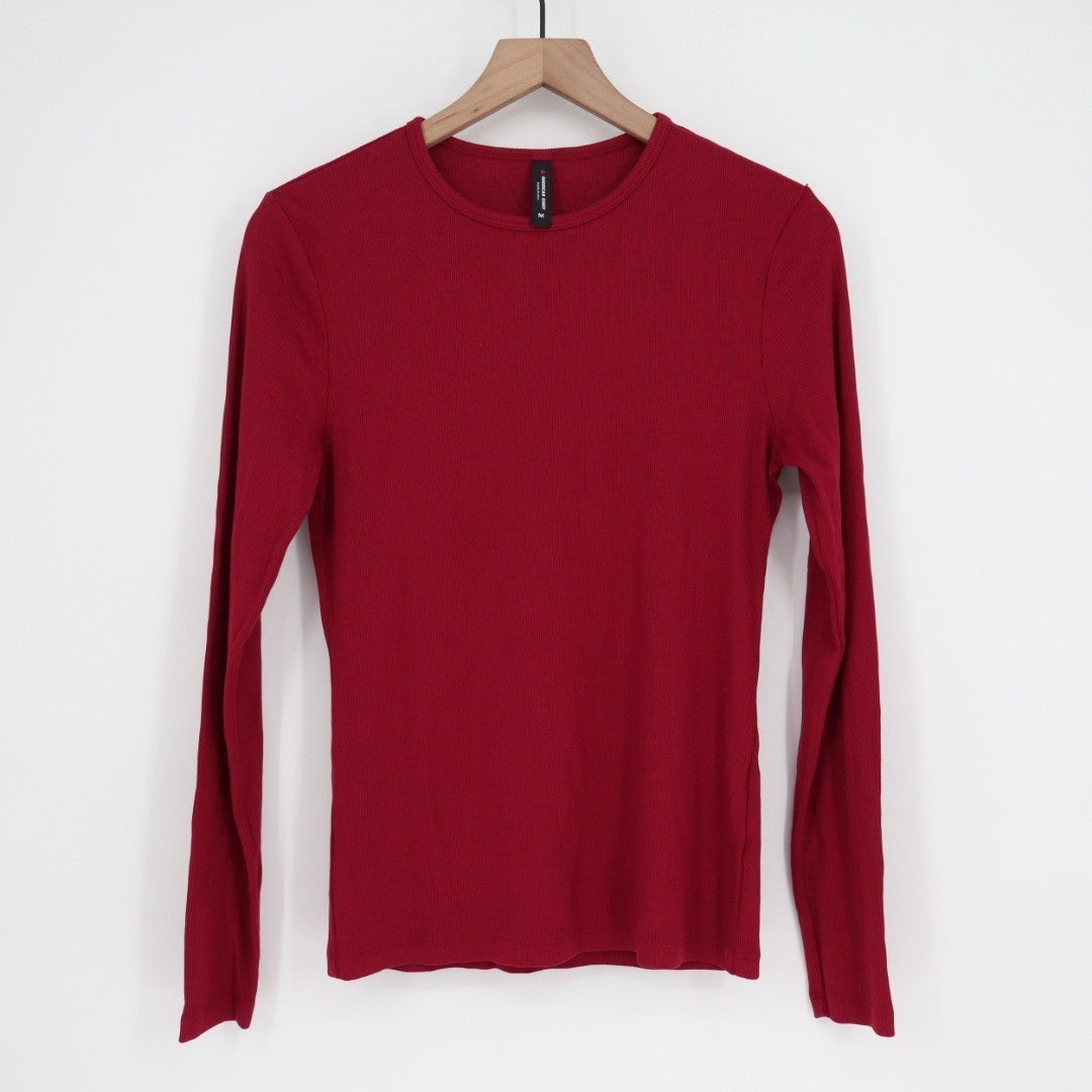 American Giant Womens Long Sleeve Ribbed Knit Crew Neck T Shirt Burgundy Size M