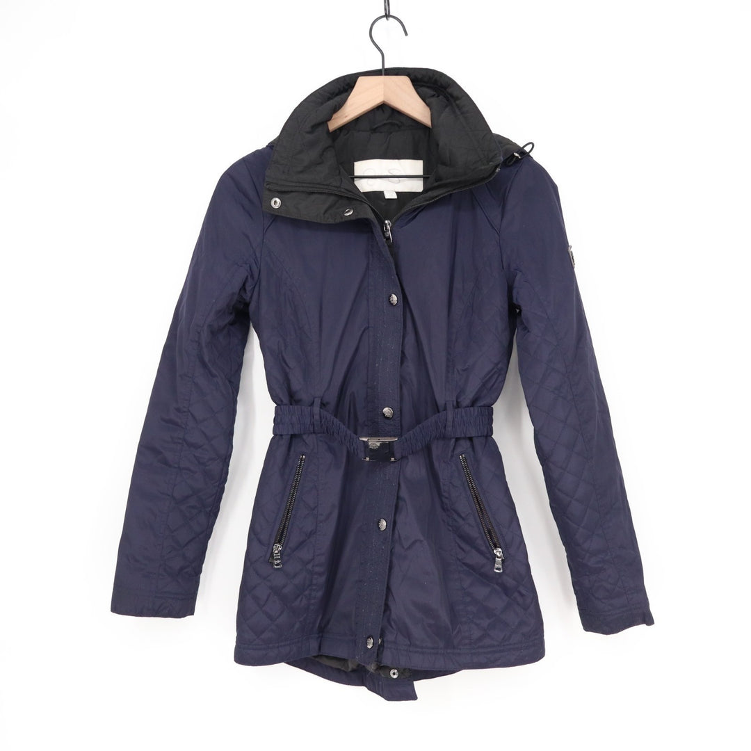 Jessica Simpson Quilted Jacket Women XS Navy Full Zip Detachable Hood Waist Belt