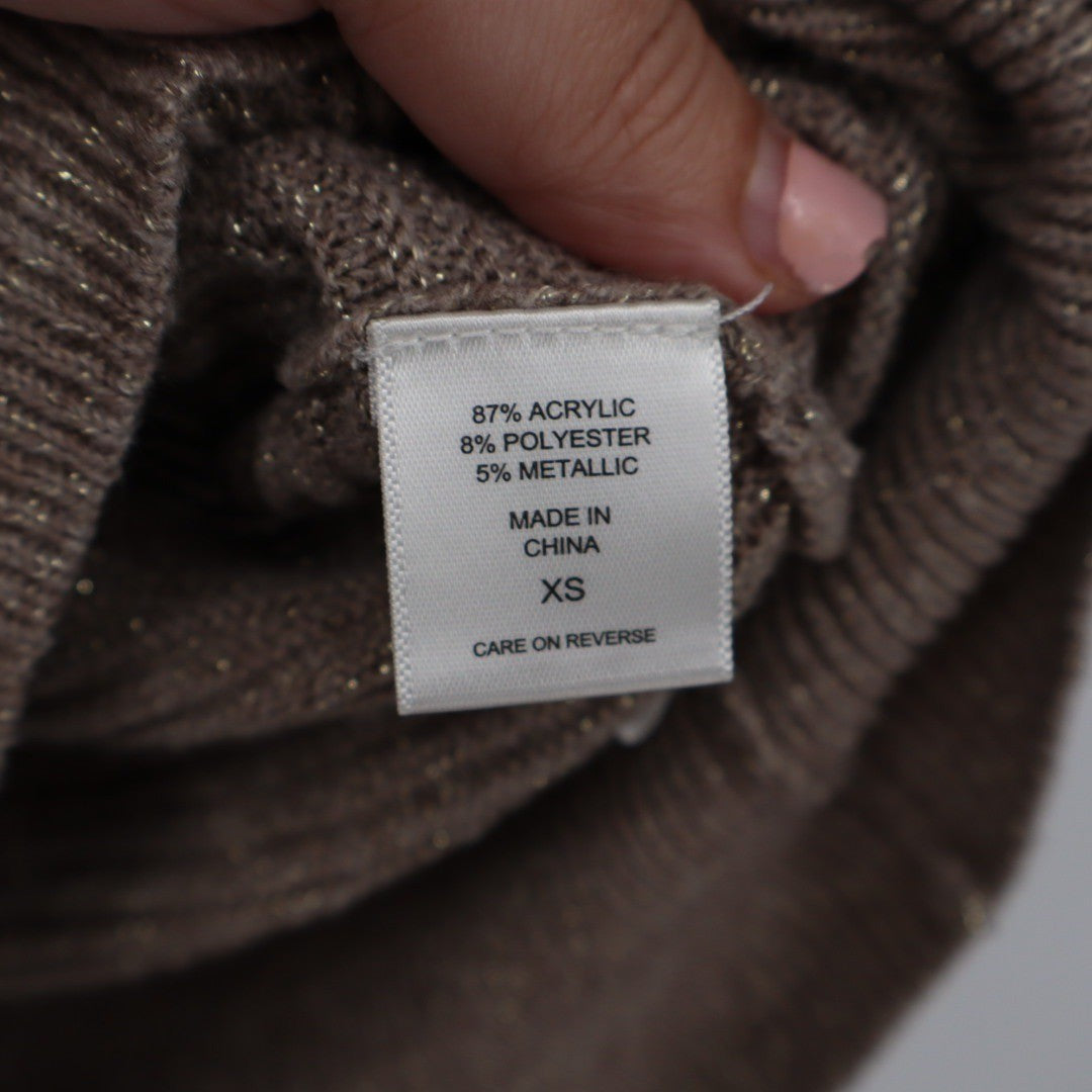NEW YORK & COMPANY Brown Metallic Knit Dolman Sleeve V Neck Sweater XS