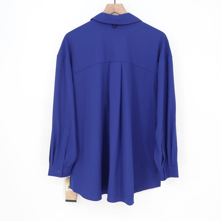 Nike 24.7 Dri-FIT Oversized Button Down Shirt Royal Blue Snap Front Womens Small