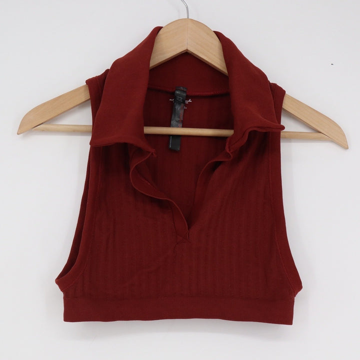 Out From Under Urban Outfitters Burgundy Ribbed Sleeveless Polo Crop Top M/L