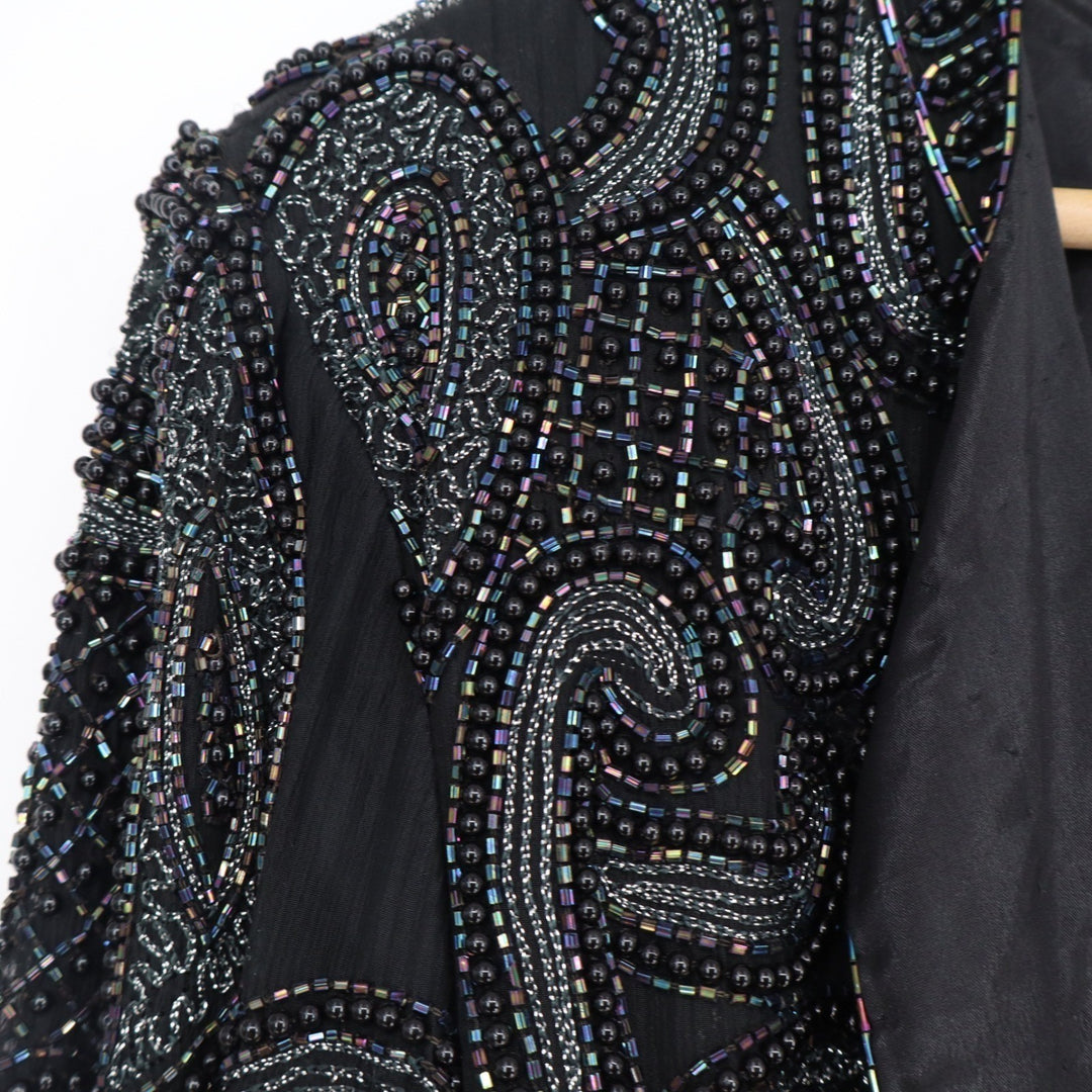 Nipon Night Silk Beaded Jacket XL Black Iridescent Sequin Paisley Open Front