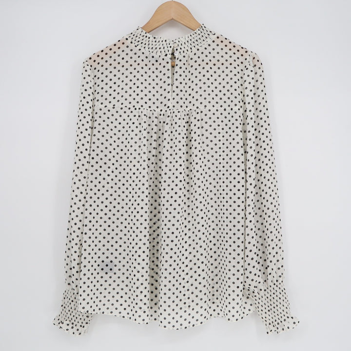 Blashe Blouse Womens 2XL White Polka Dot Pleated Mock Neck Smoked Long Sleeve