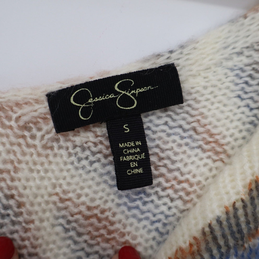 Jessica Simpson Womens Tiger Stripe V-Neck Sweater Brown Blue Size Small