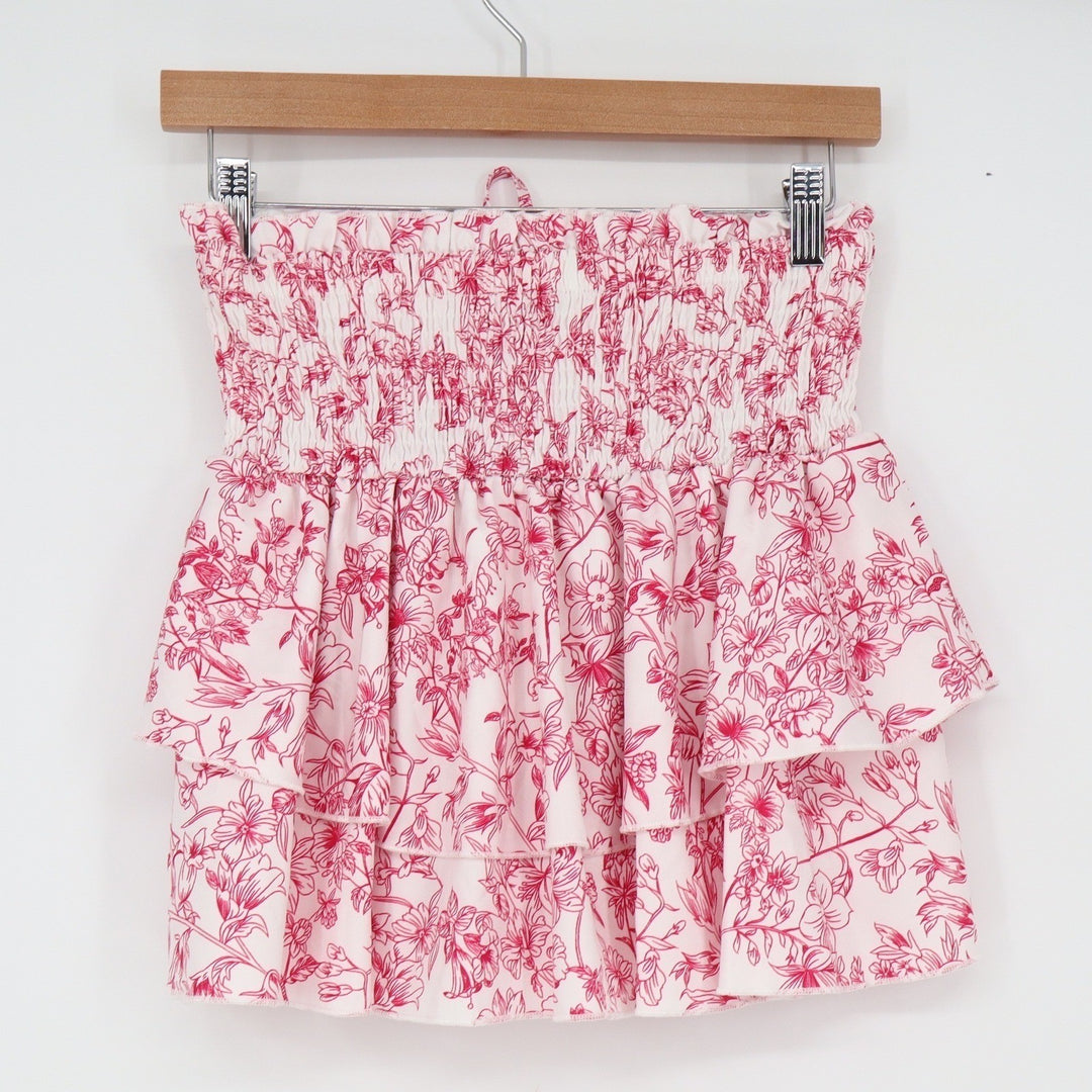 SHEIN Pink White Floral Toile Smocked Tiered Ruffle Mini Skirt Womens Size M