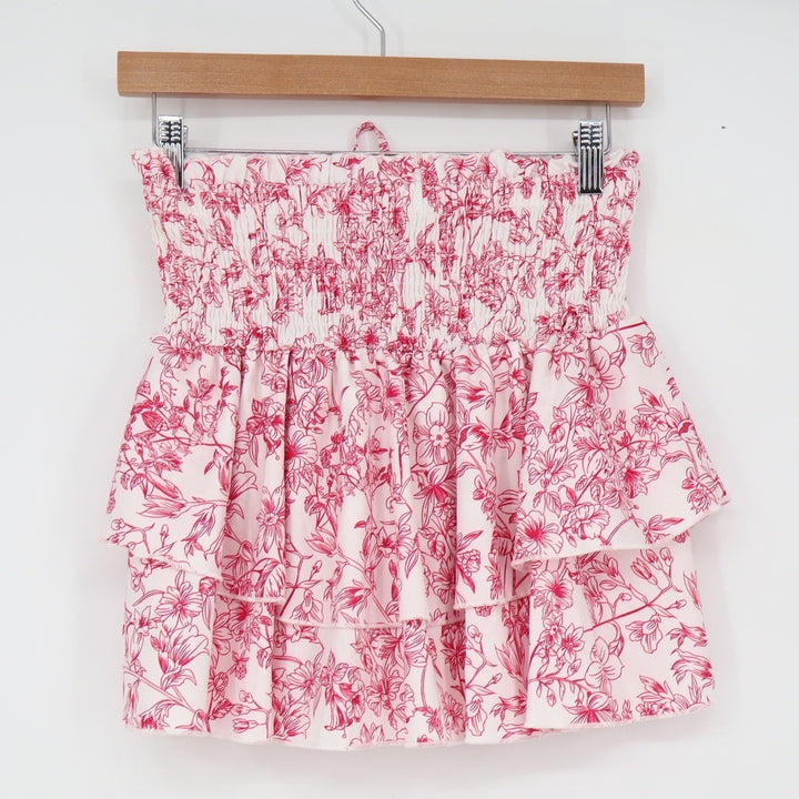 SHEIN Pink White Floral Toile Smocked Tiered Ruffle Mini Skirt Womens Size M