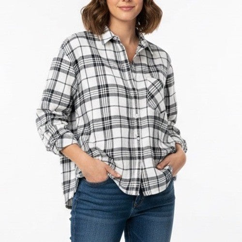Bp. Flannel Plaid Boxy Shirt Womens S Ivory Black Cotton Spread Collar Button Up