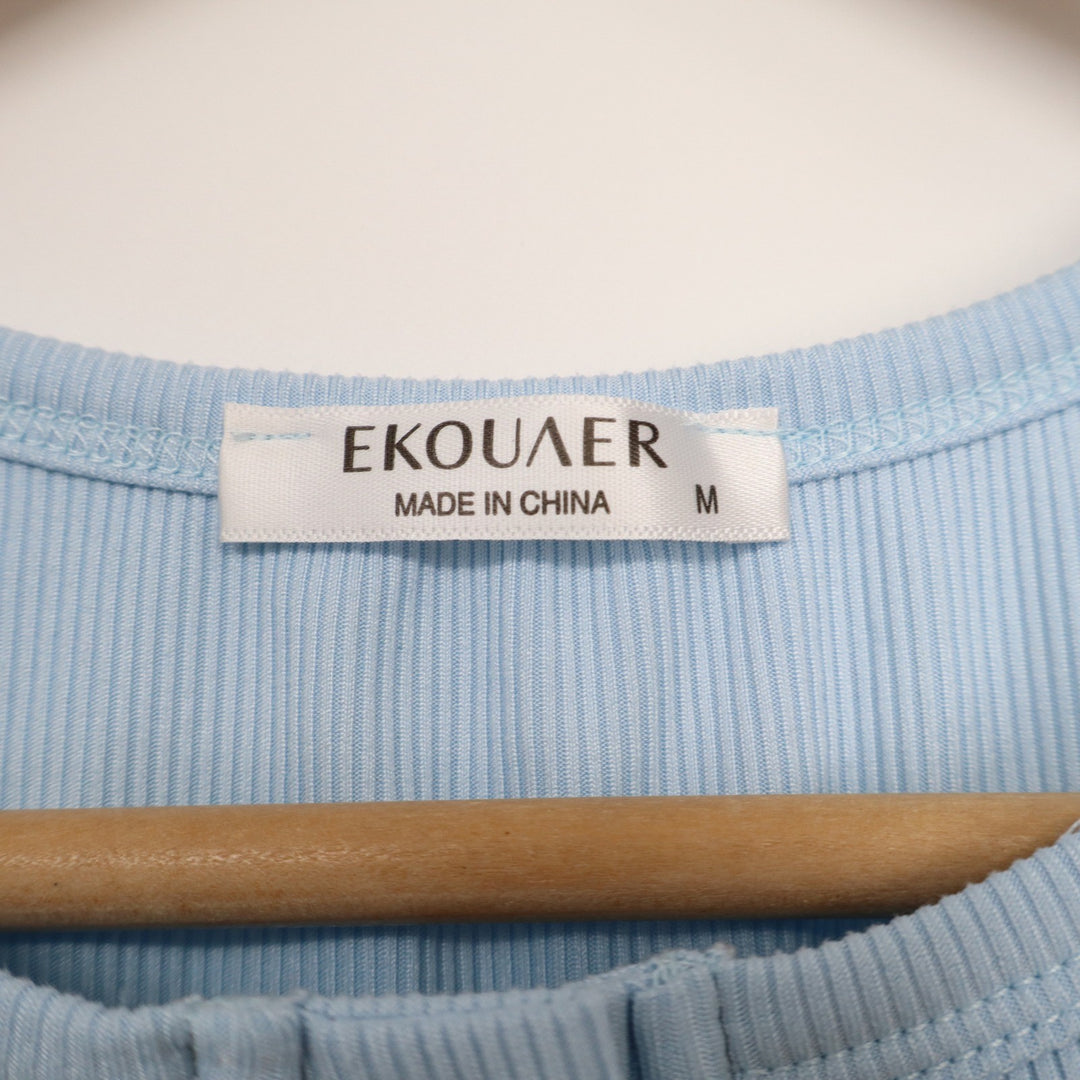 Ekouaer Womens Light Blue Ribbed Henley Short Sleeve Top Size M