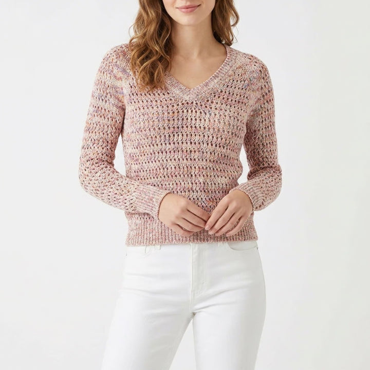 White House Black Market Multi Color Space Dye Pointelle V-Neck Sweater XS