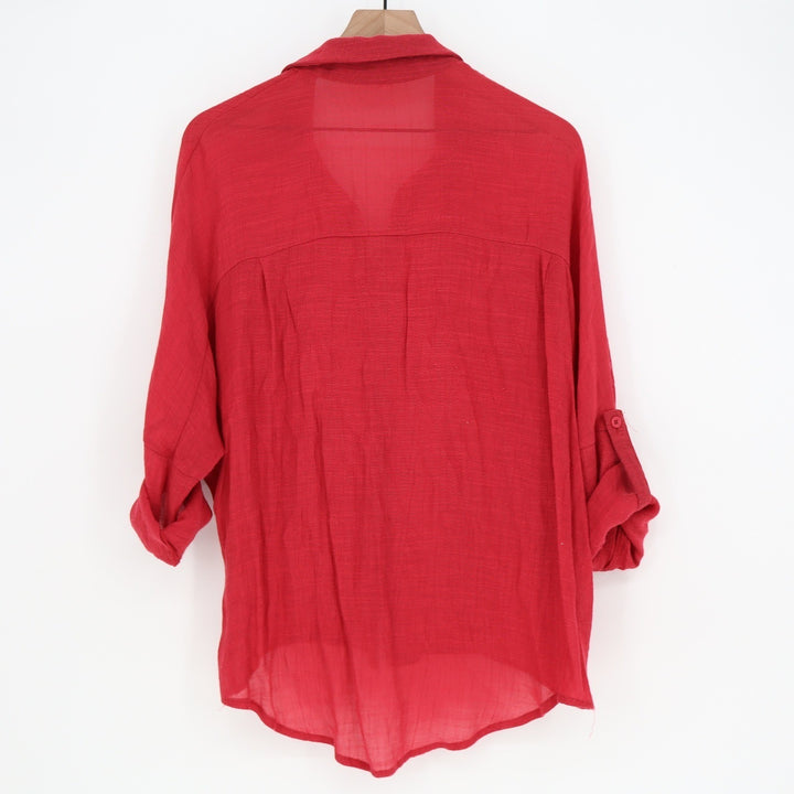 Womens Red Textured Gauze Button Up Roll Tab Sleeve Shirt Large Pockets