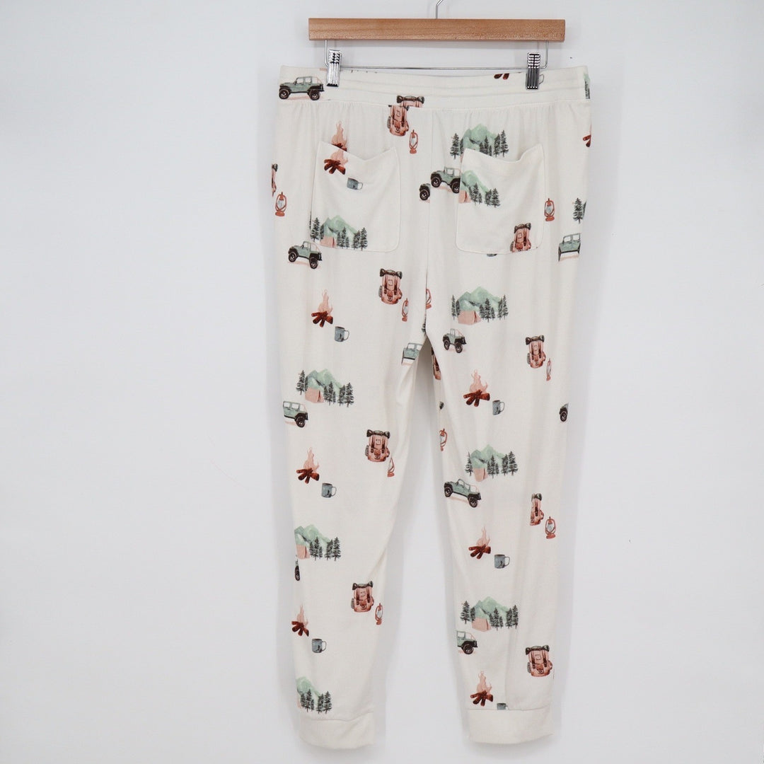 Natural Reflections Womens L Camping Print Pajama Jogger Pants Cream Outdoor SUV