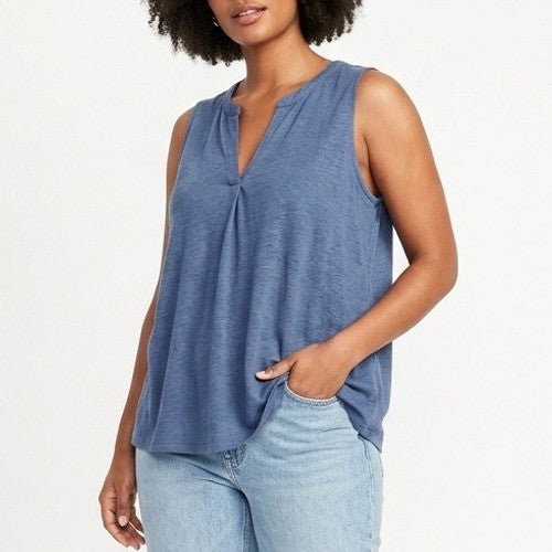 Old Navy Tank Top Women XL Heather Blue Pleated Thigh Length Split Neck Pullover