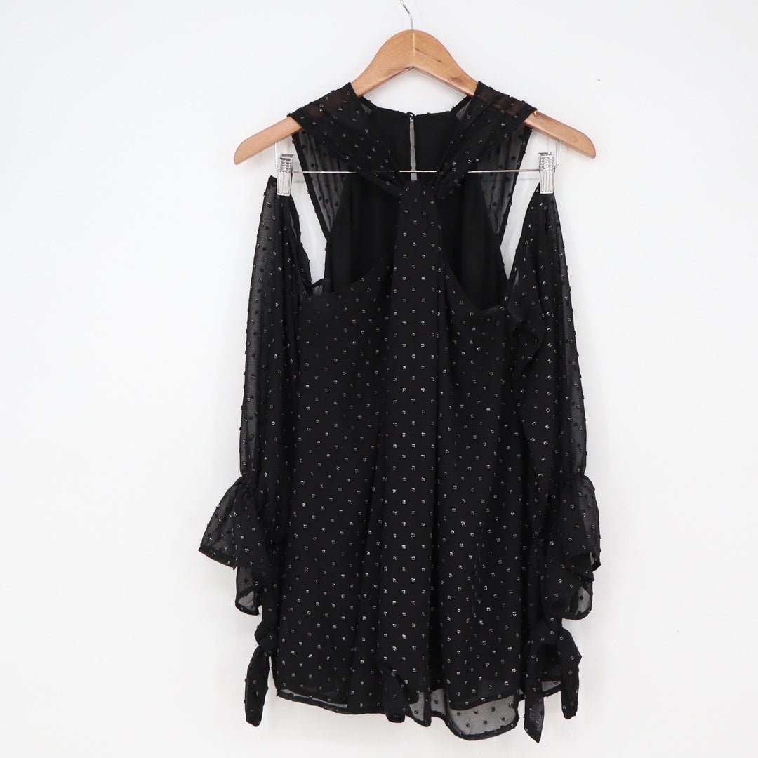 Bardot Top Womens 10 Black Silver Metallic Swiss Dot Cold Shoulder Exc