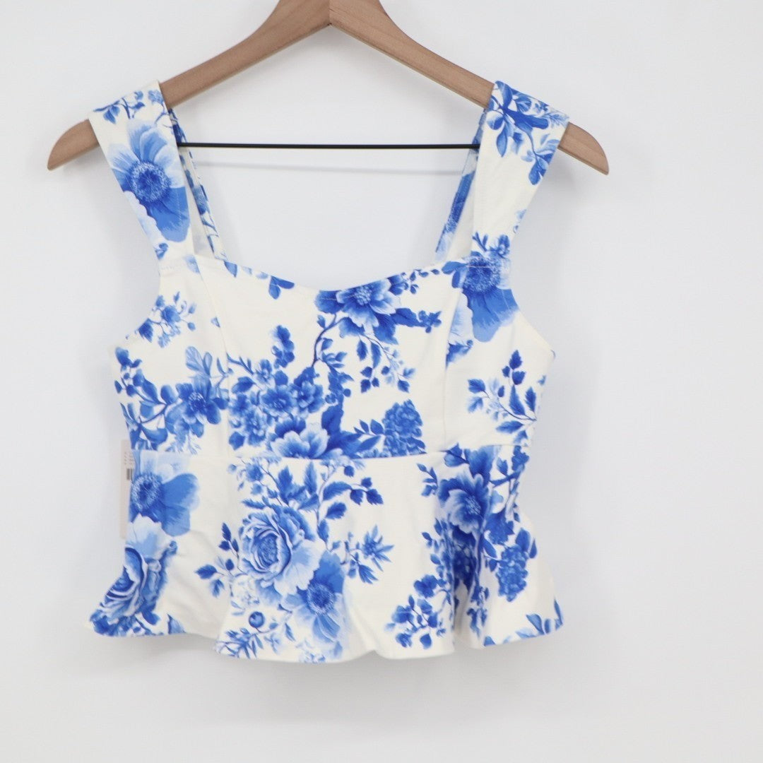 Maeve Peplum Tank Top Womens XS White Blue Floral Stretch Square Neck Outdoor