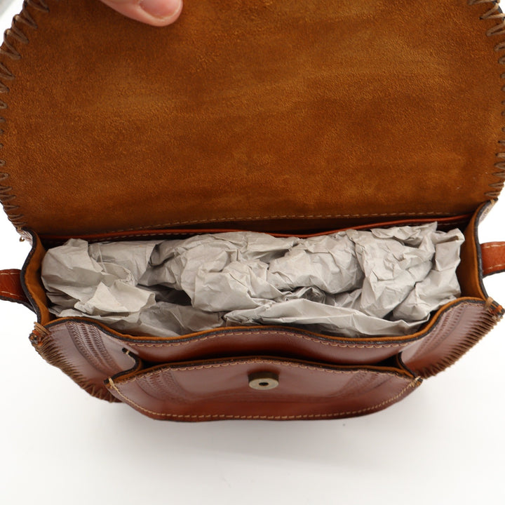 Patricia Nash Tan Tooled Leather Crossbody Saddle Bag Whipstitch Trim