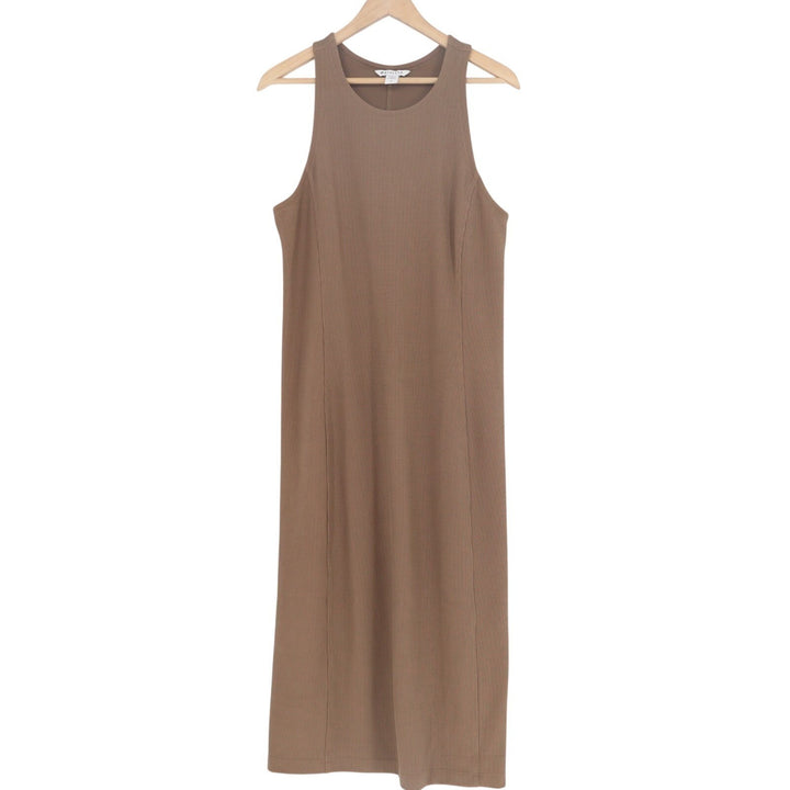 Athleta Midi Shift Dress Women Large Brown Ribbed Round Neck Sleeveless Pullover