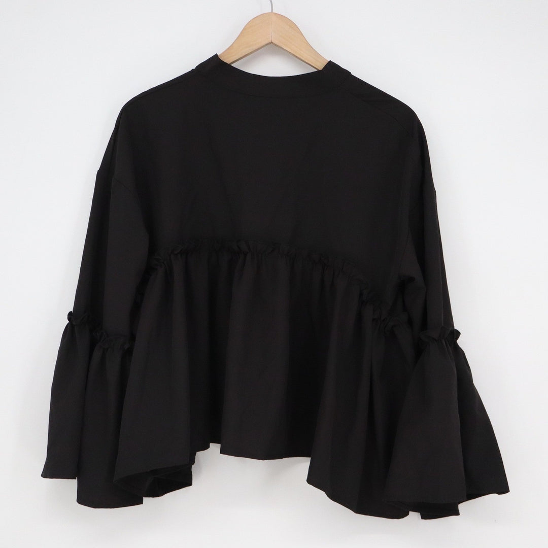 Shein Black Peplum Blouse Notched V-Neck Tiered Bell Sleeve Ruffle Top Large