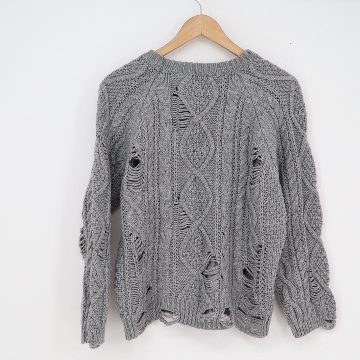 Boohoo Gray Distressed Cable Knit Sweater Womens Size SM Crew Neck Grunge Edgy