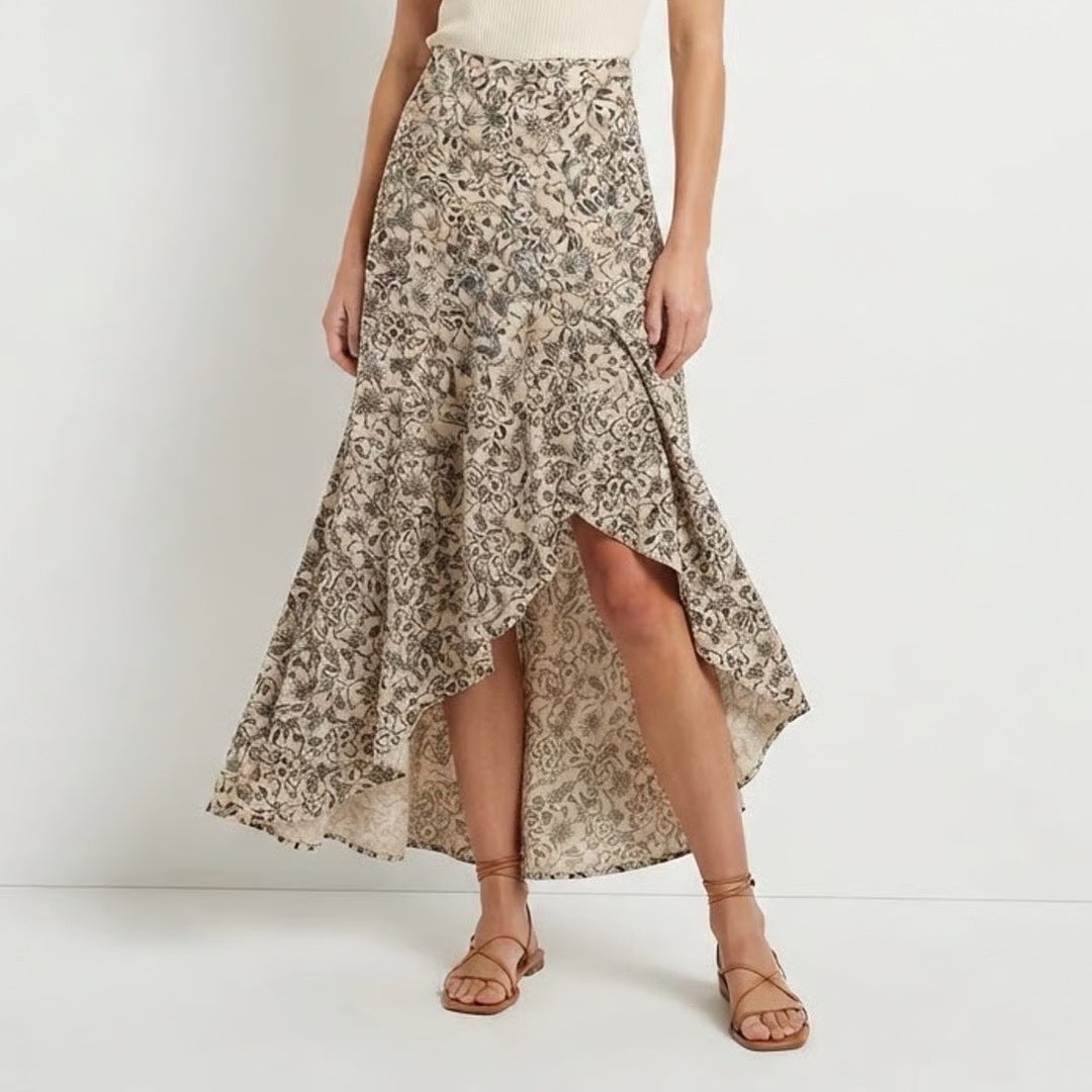 Joyne Floral High Low Maxi Skirt XS Tan Black Smocked Waist Rayon Boho