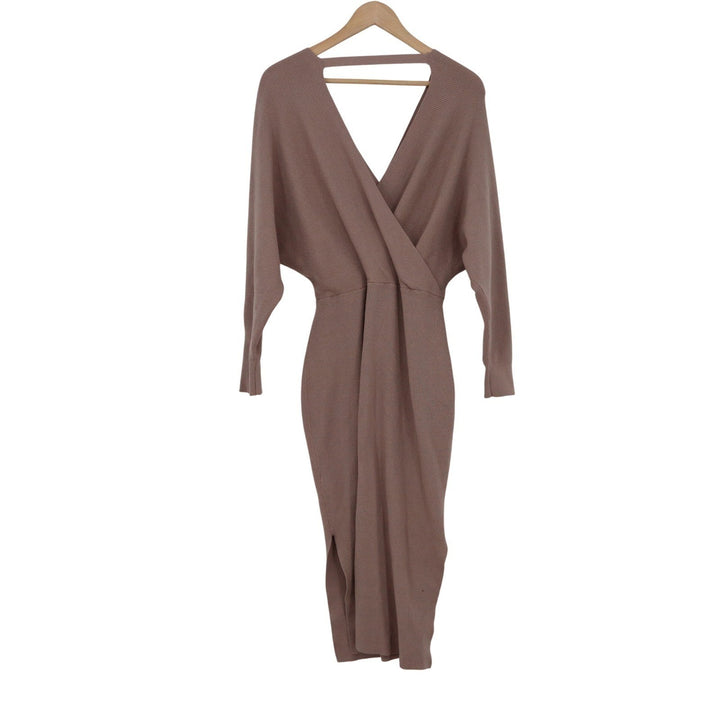 Coffee Brown Ribbed Knit Wrap Midi Dress Open Back Dolman Sleeve L