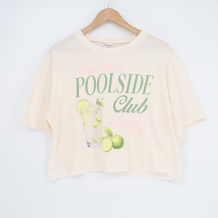 No Boundaries Crop T Shirt Womens L(12-14) White Poolside Club Graphic Crew Neck