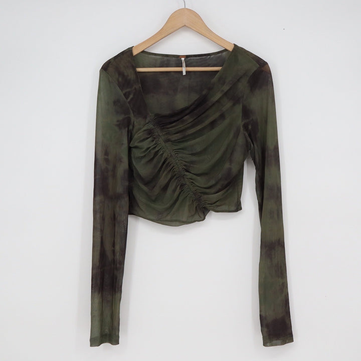 Free People Mesh Ruched Tie Dye Long Sleeve Crop Top Olive Green Black Large