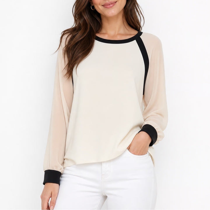 Ann Taylor LOFT Womens Medium Colorblock Raglan Blouse Cream Peach Black Trim