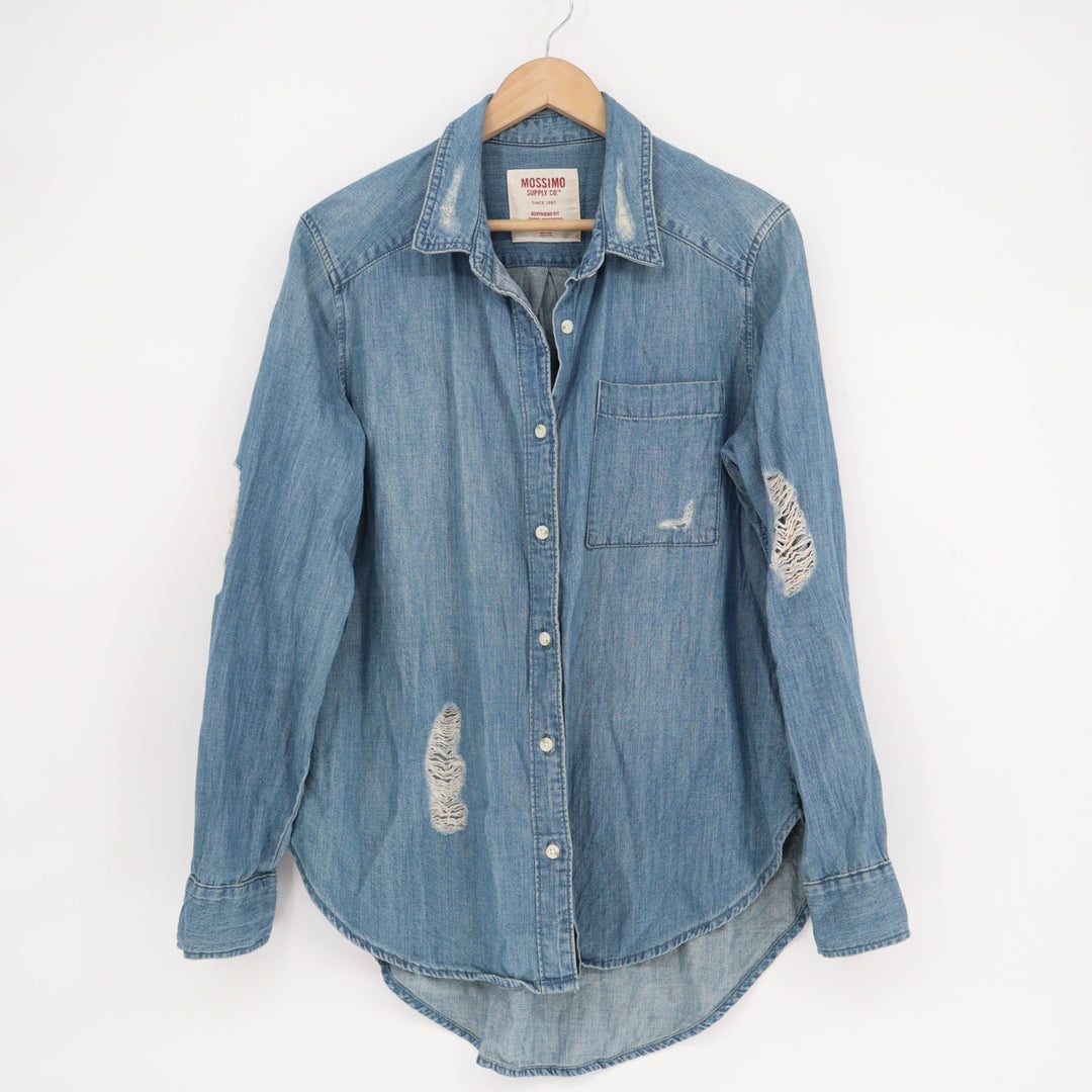 Mossimo Supply Co. Shirt Women Medium Blue Denim Cotton Boyfriend Fit Distressed