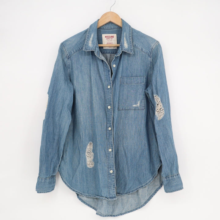 Mossimo Supply Co. Shirt Women Medium Blue Denim Cotton Boyfriend Fit Distressed
