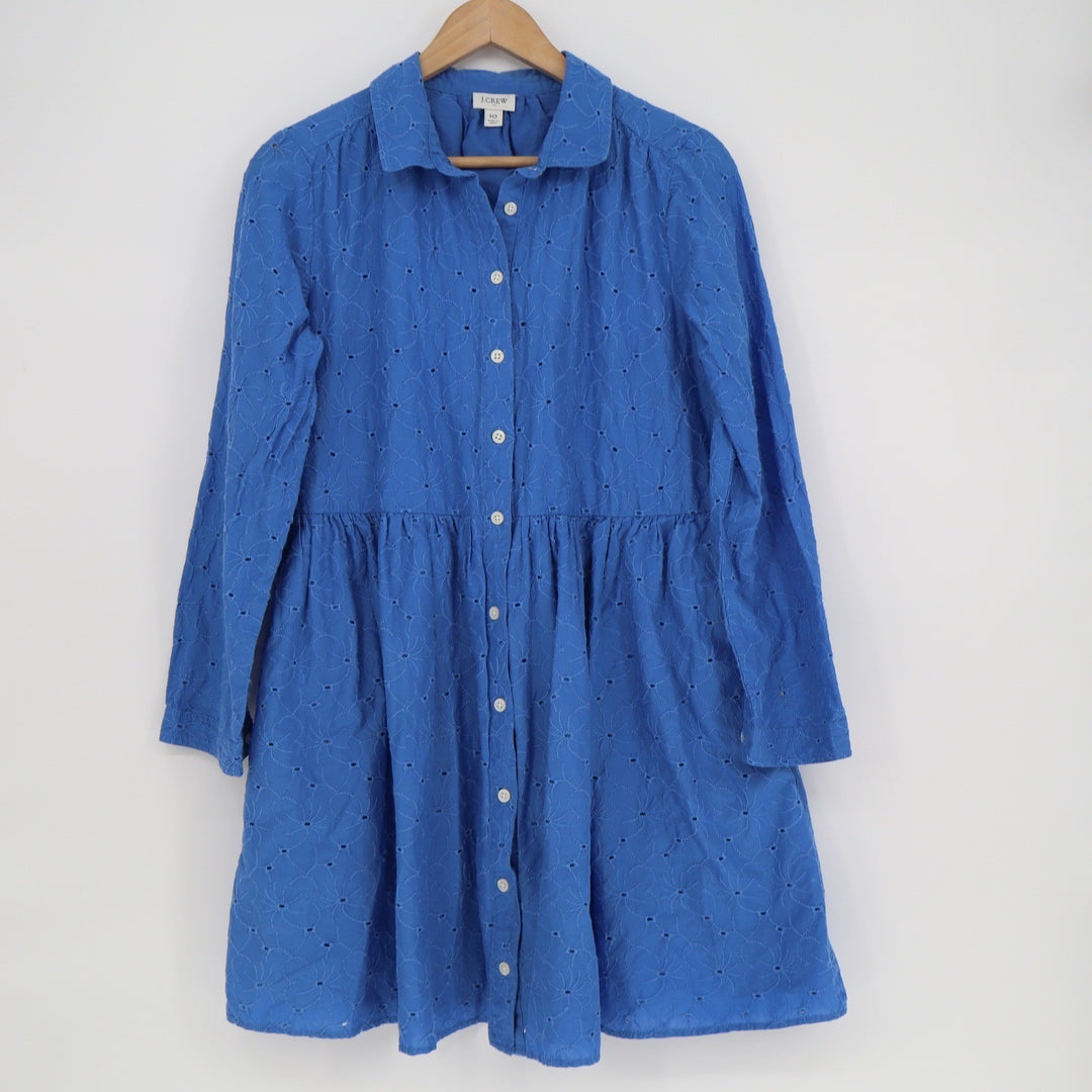J.Crew Blue Eyelet Button Down Mini Dress Long Sleeve Floral Embroidered Size 10