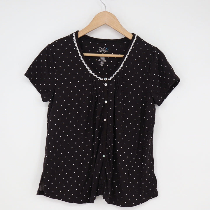 Croft & Barrow Womens Petite Small Black Polka Dot Pajama Set Lace Trim PS 10701