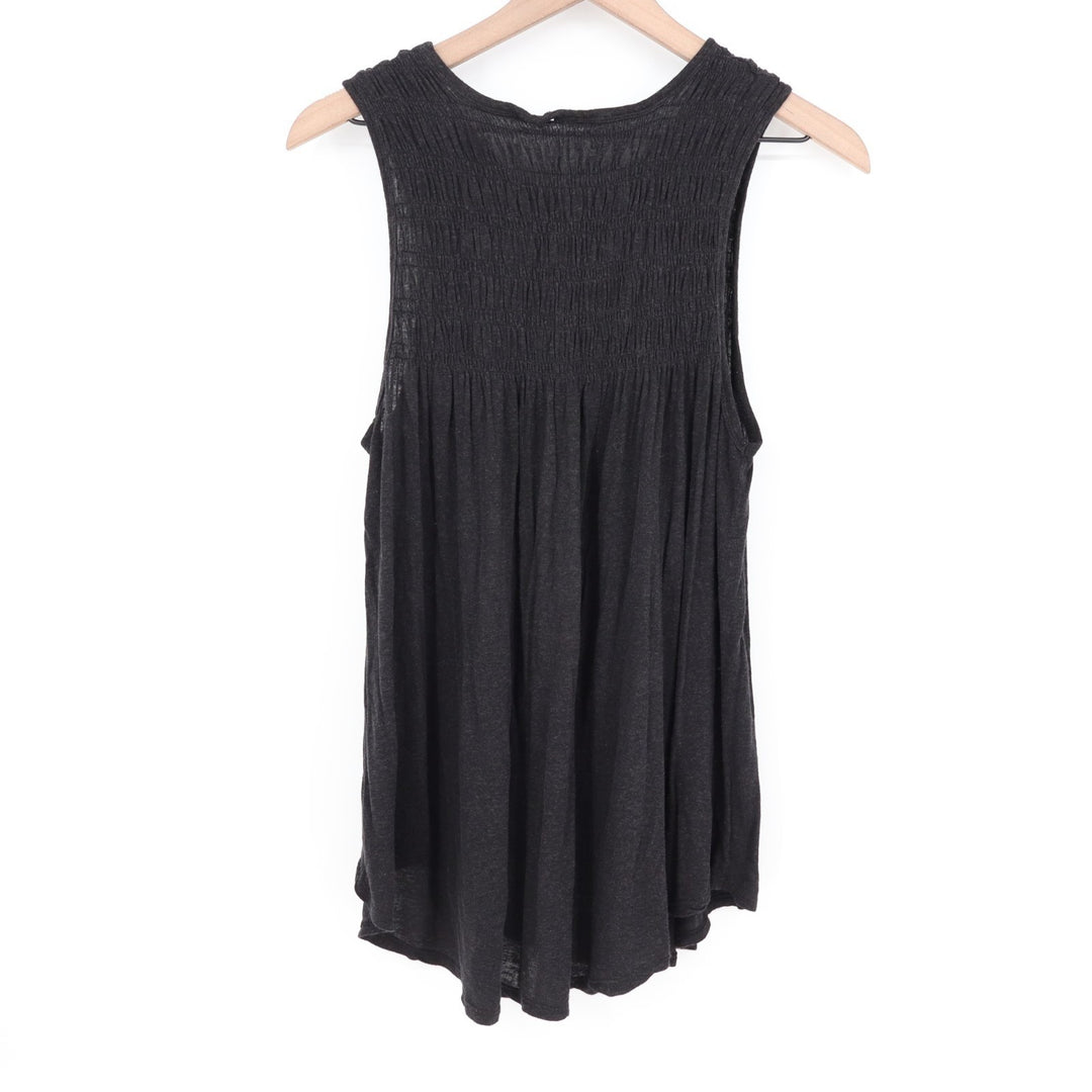 Tank Top Womens Large Black Stretch Pleated Smocked Wide Strap Round Neck