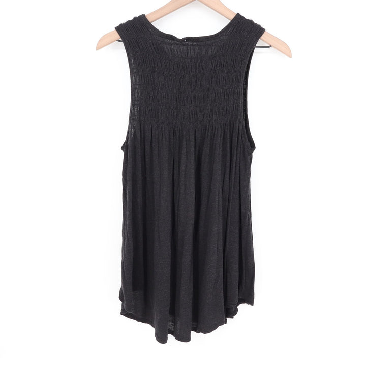 Tank Top Womens Large Black Stretch Pleated Smocked Wide Strap Round Neck