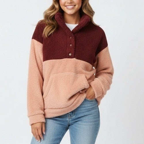ROXY Colorblock Sherpa Fleece Snap Pullover Sweatshirt Peach Burgundy M