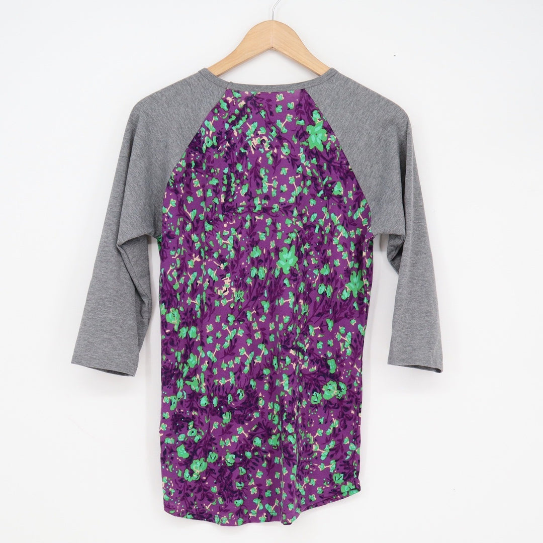 LuLaRoe Randy Baseball Tee Purple Green Floral Heather Grey 3/4 Sleeve Small