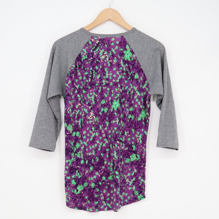 LuLaRoe Randy Baseball Tee Purple Green Floral Heather Grey 3/4 Sleeve Small
