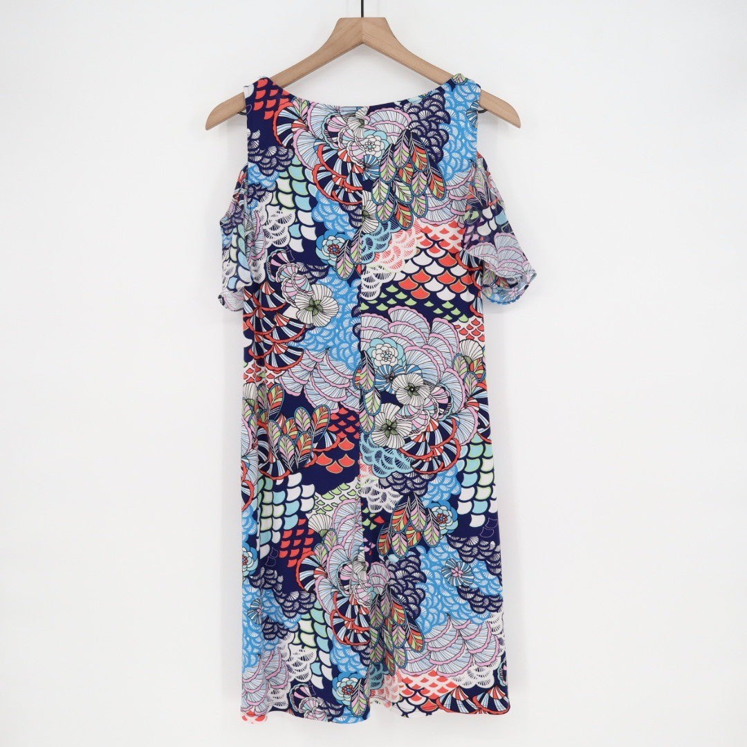 Roz Ali Cold Shoulder Ruffle Dress Medium Floral Print Blue Pink Green