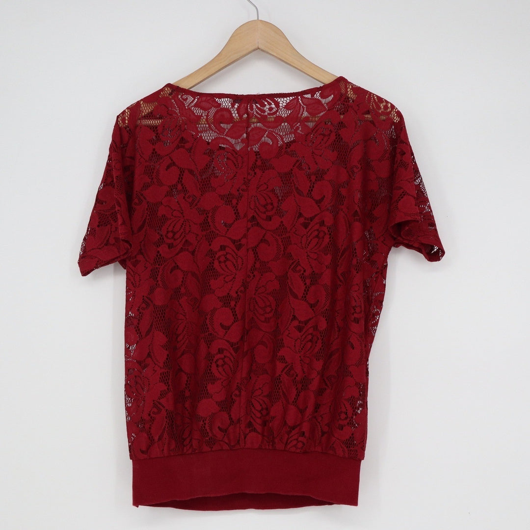 edc by Esprit Womens Red Floral Lace Short Sleeve Ribbed Hem Top Small
