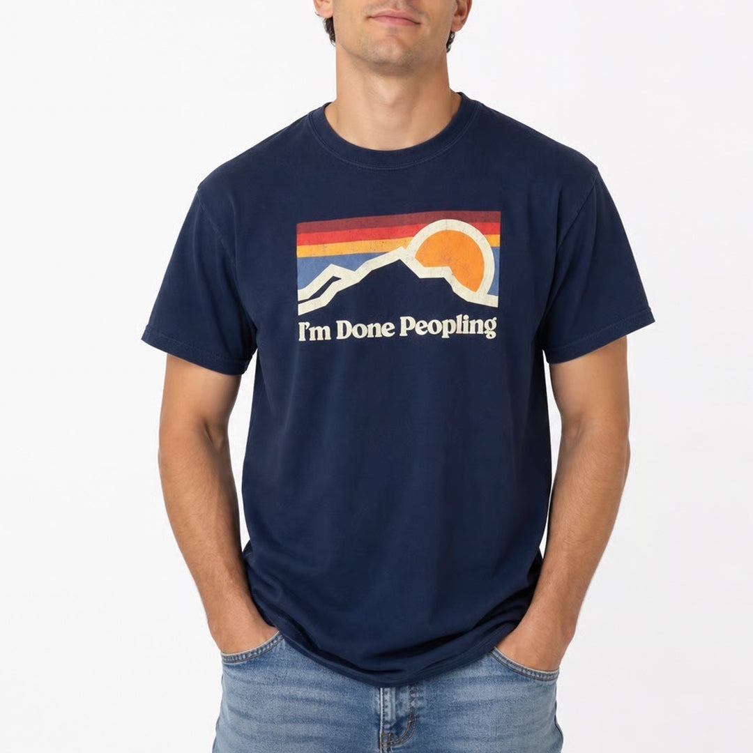 DOM Mens Im Done Peopling Graphic Tee Navy Blue Mountain Sunset XL