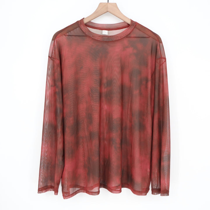 Mesh Shirt Medium Red Black Tie Dye Sheer Long Sleeve Crew Neck Pullover