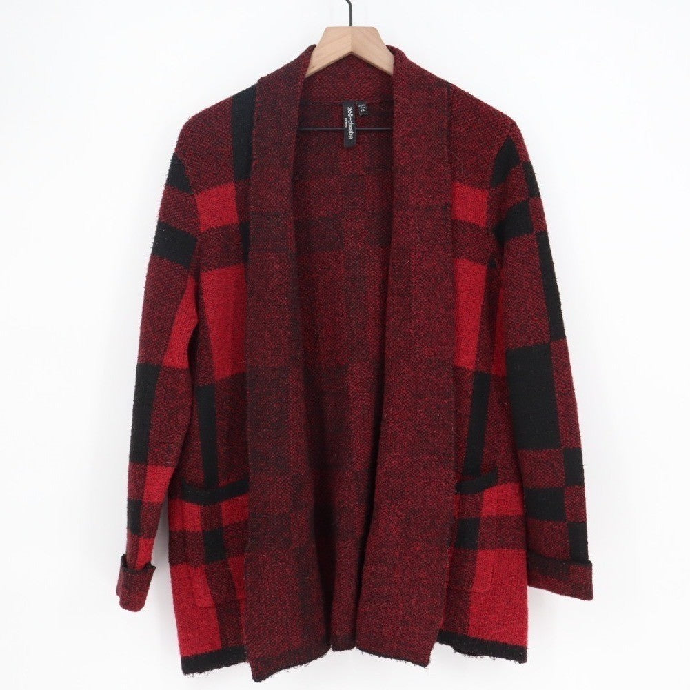 Zoë + Phoebe Cardigan Sweater Womens Large Petite Red Black Plaid Open Front