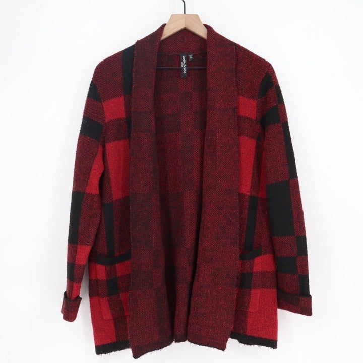 Zoë + Phoebe Cardigan Sweater Womens Large Petite Red Black Plaid Open Front