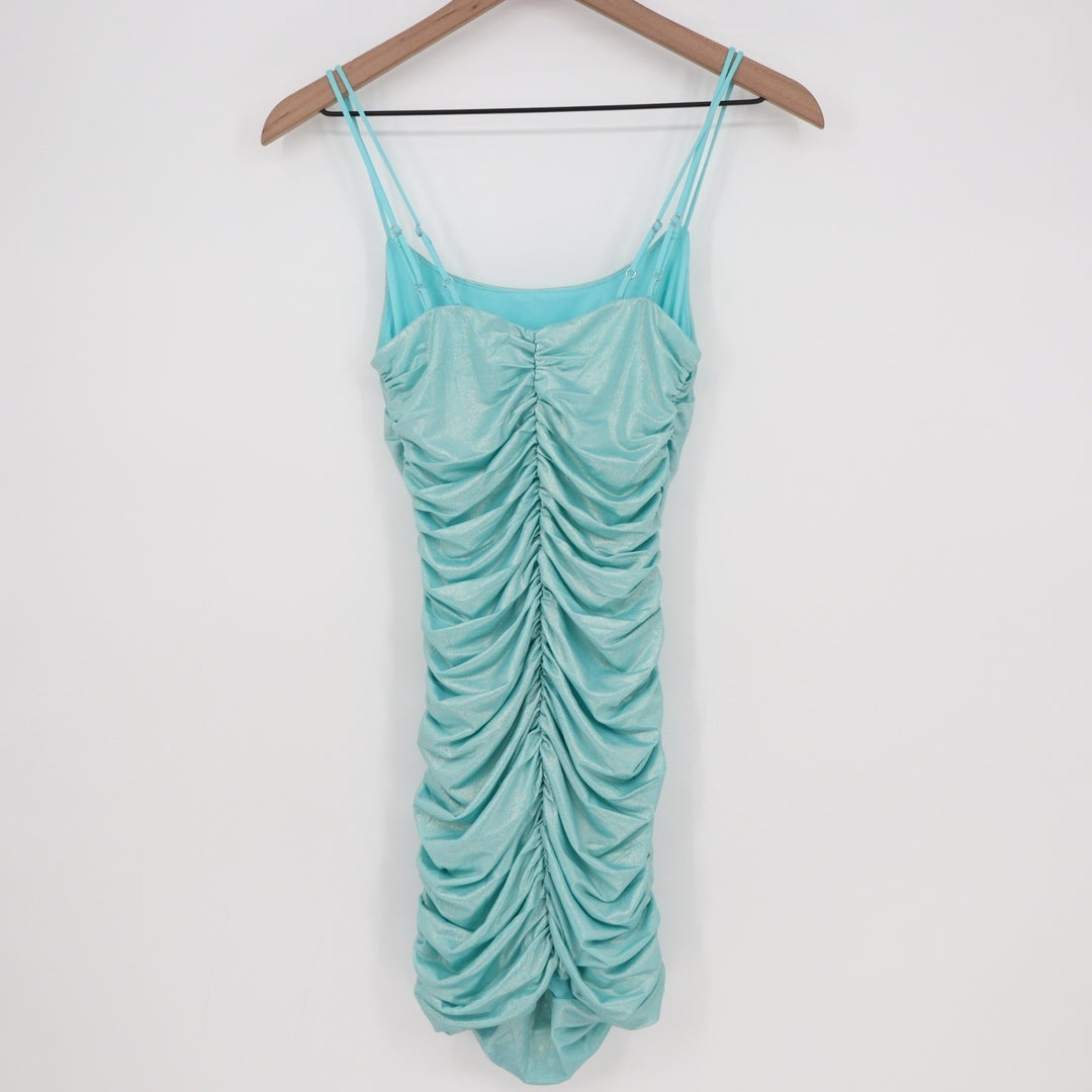 Lucy In The Sky Mini Dress Womens Small Aqua Ruched Scoop Neck Spaghetti Strap