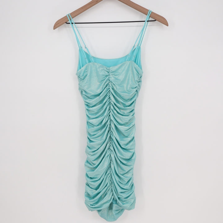 Lucy In The Sky Mini Dress Womens Small Aqua Ruched Scoop Neck Spaghetti Strap