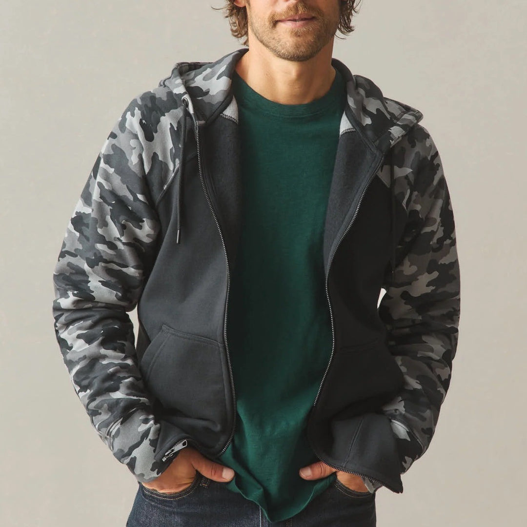 American Giant Classic Hoodie Mens XL Black Full Zip Cotton Camo Raglan Sleeve