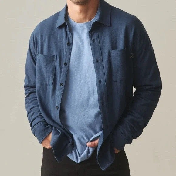 American Giant Premium Slub Shirt Men Medium Blue Cotton Spread Collar Button Up