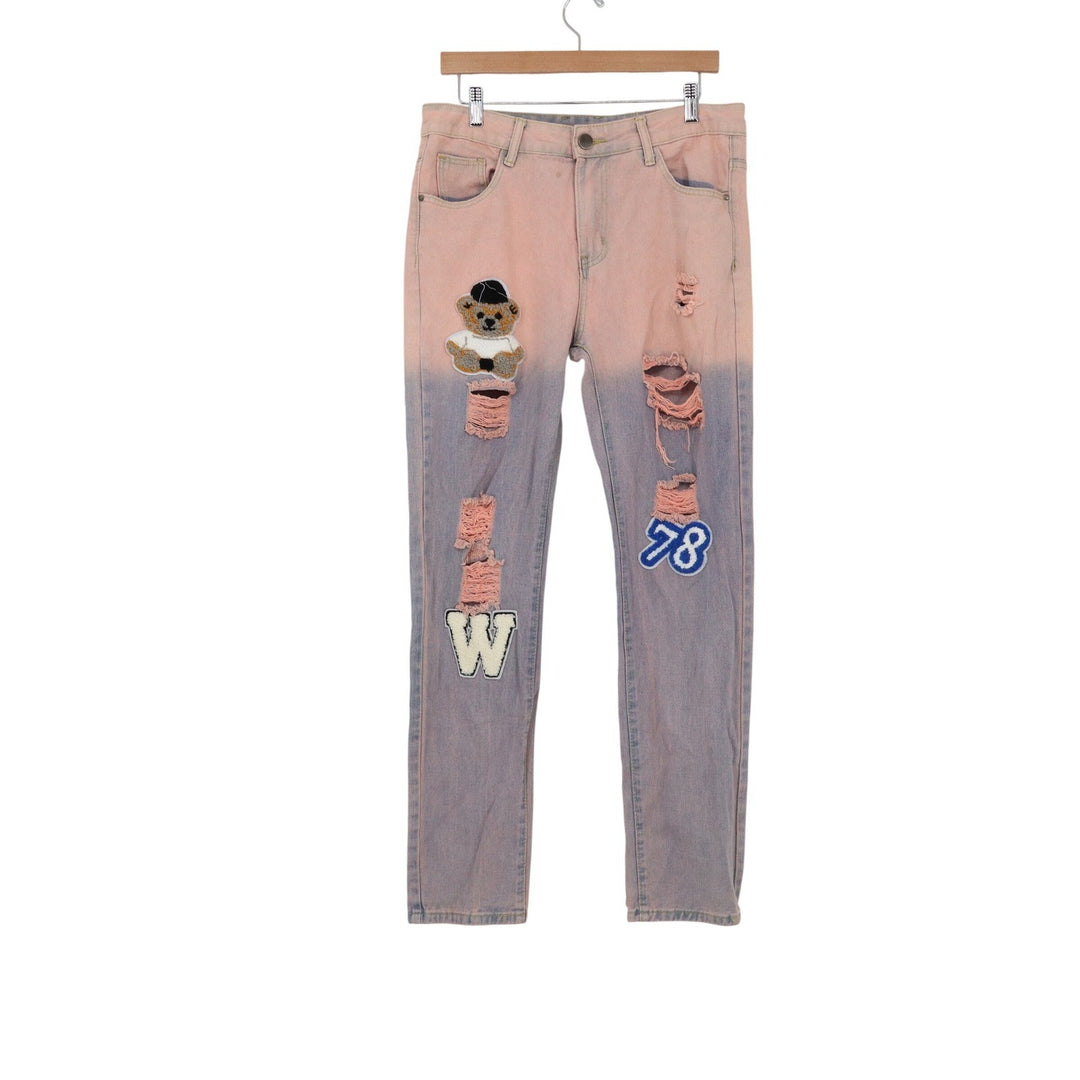 Pink Blue Ombre Distressed Jeans Teddy Bear Varsity Patch Streetwear Size 32