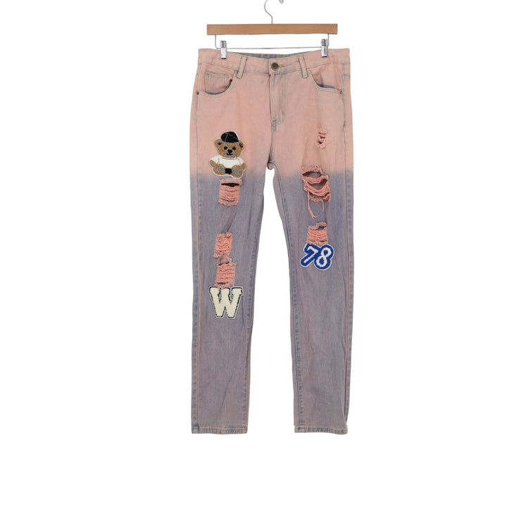 Pink Blue Ombre Distressed Jeans Teddy Bear Varsity Patch Streetwear Size 32