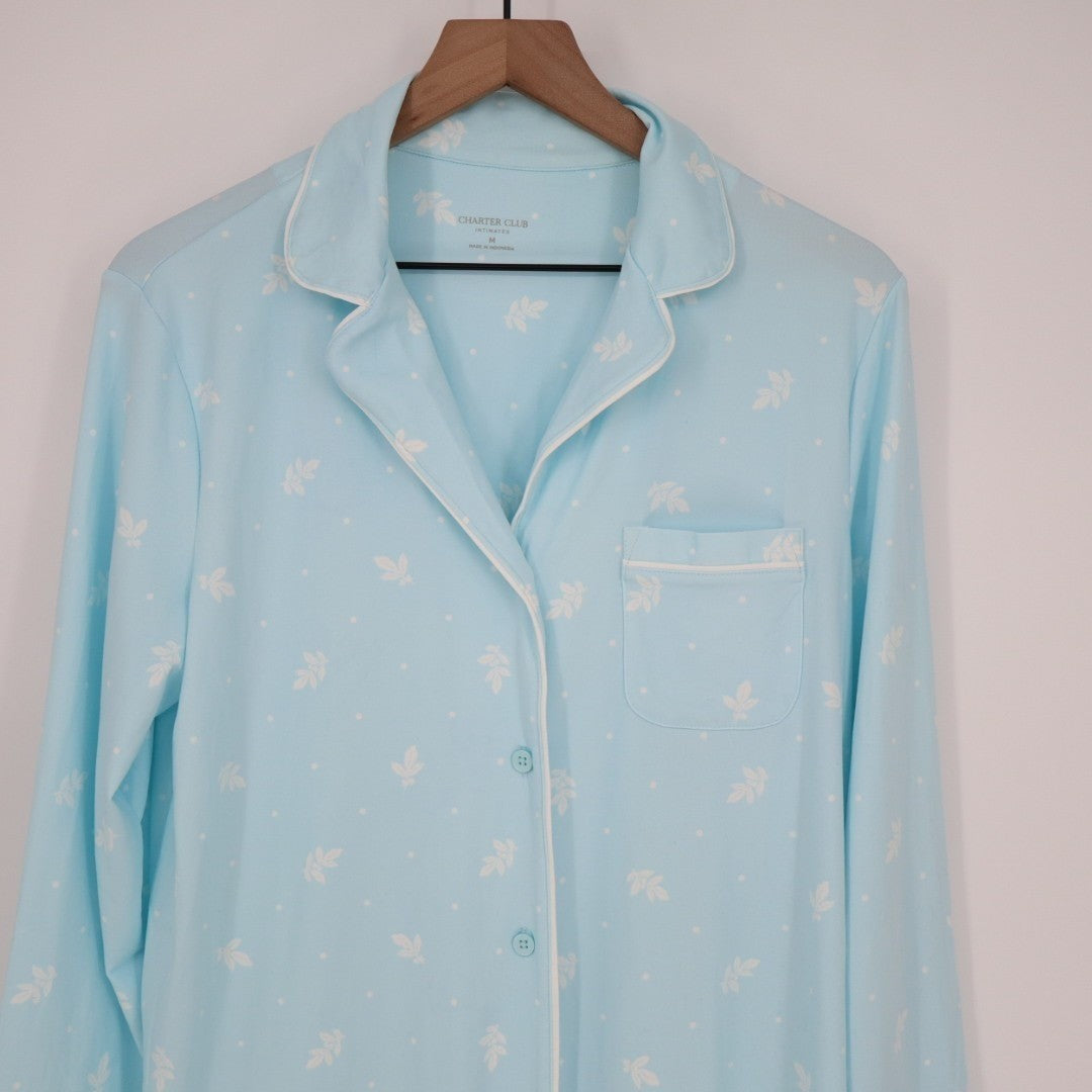 Charter Club Intimates Pajama Shirt Womens M Blue Floral Stretch Lapel Collar